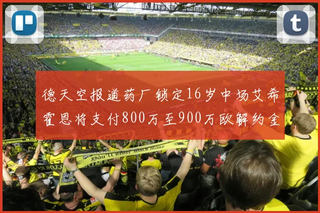 德天空报道药厂锁定16岁中场艾希霍恩将支付800万至900万欧解约金